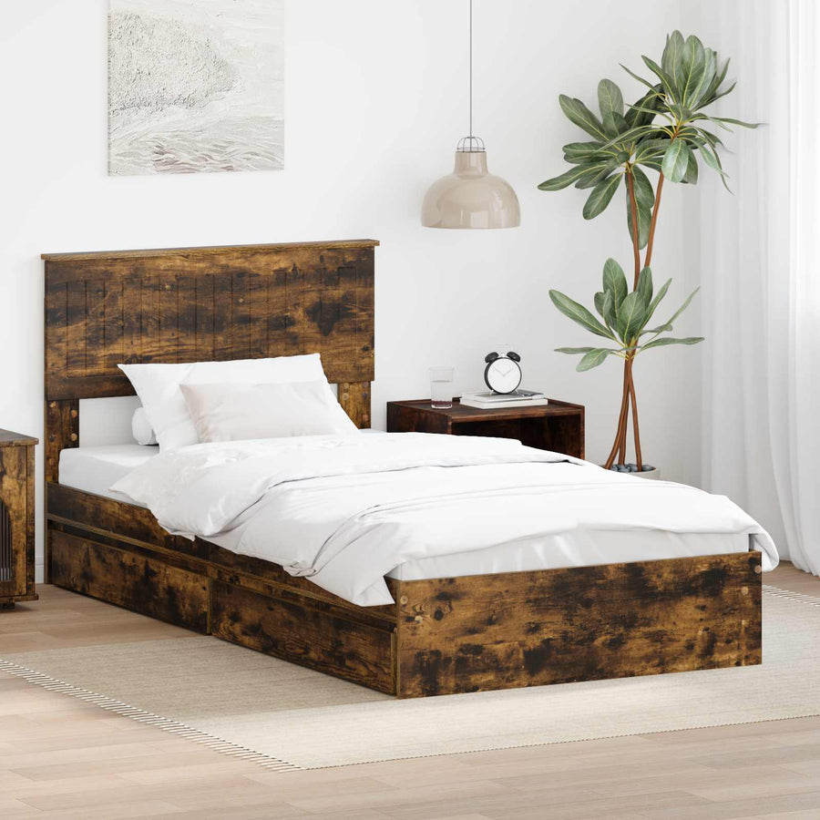 Bedframe met lade Gerookt eiken 100 x 200 cm Bewerkt hout