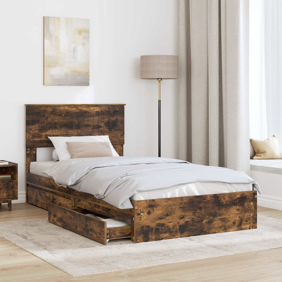 Bedframe met lade Gerookt eiken 100 x 200 cm Bewerkt hout
