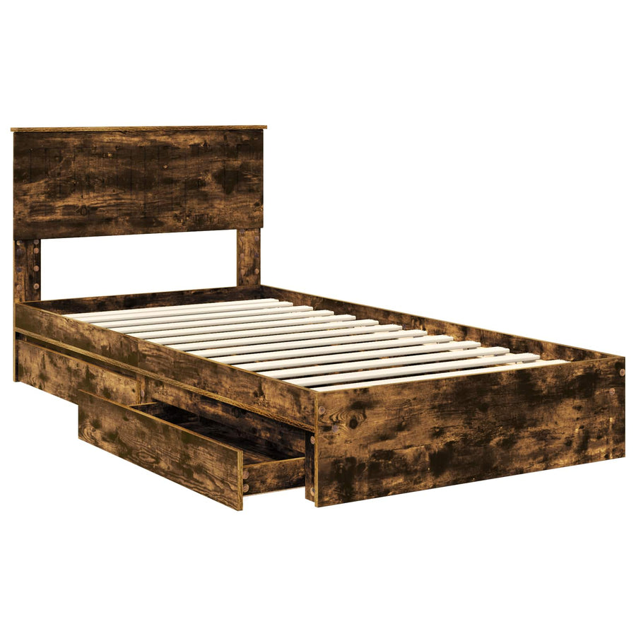 Bedframe met lade Gerookt eiken 100 x 200 cm Bewerkt hout
