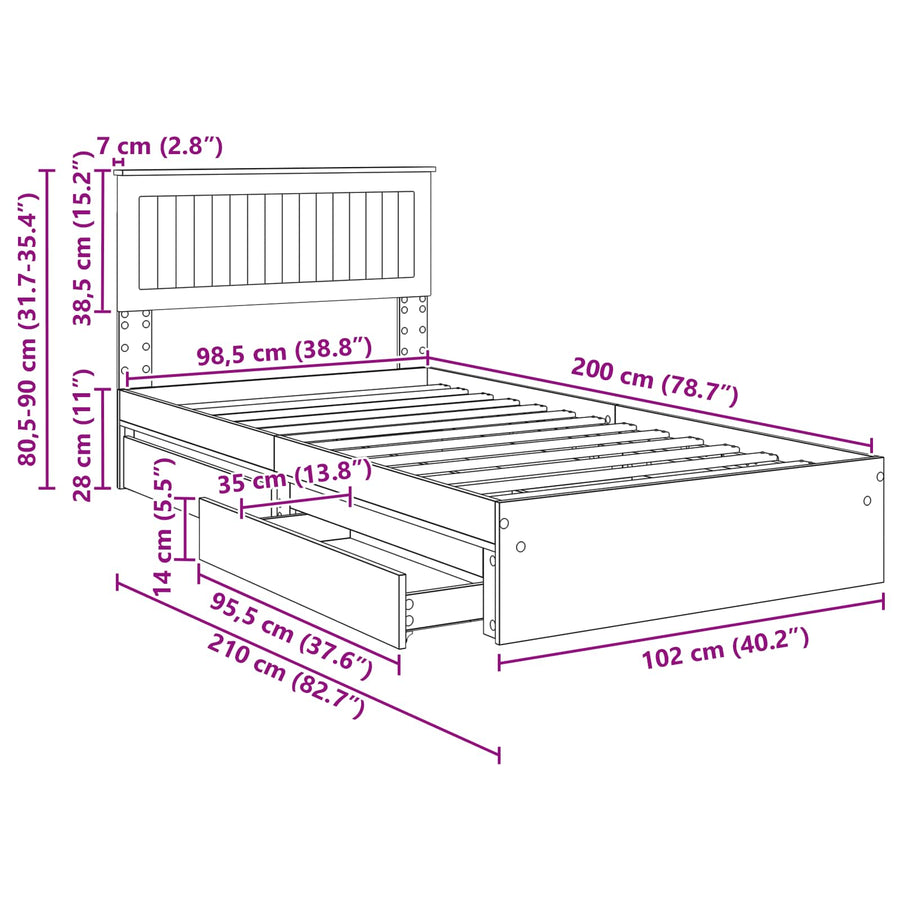 Bedframe met lade Gerookt eiken 100 x 200 cm Bewerkt hout