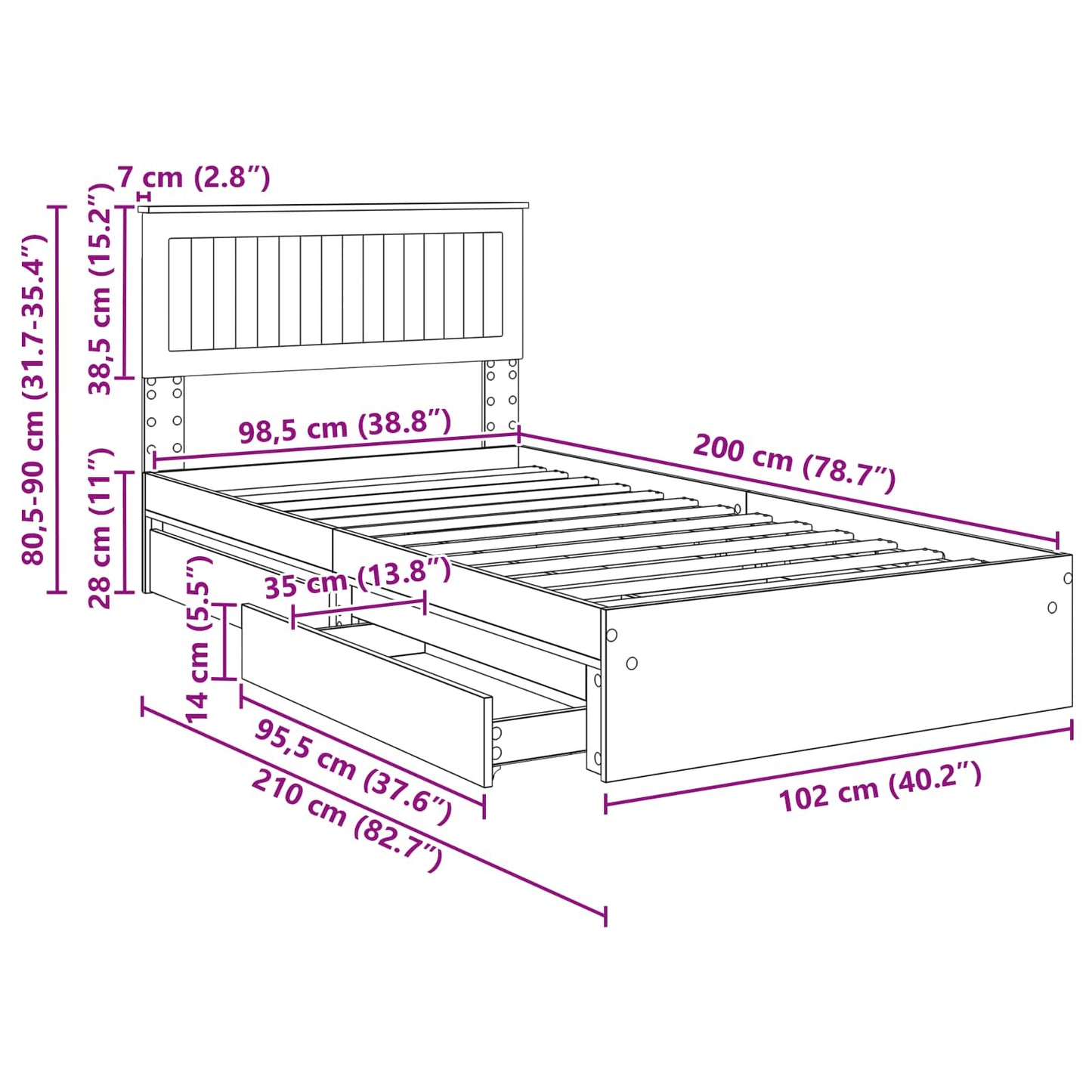 Bedframe met lade Grijs Sonoma 100 x 200 cm Bewerkt hout