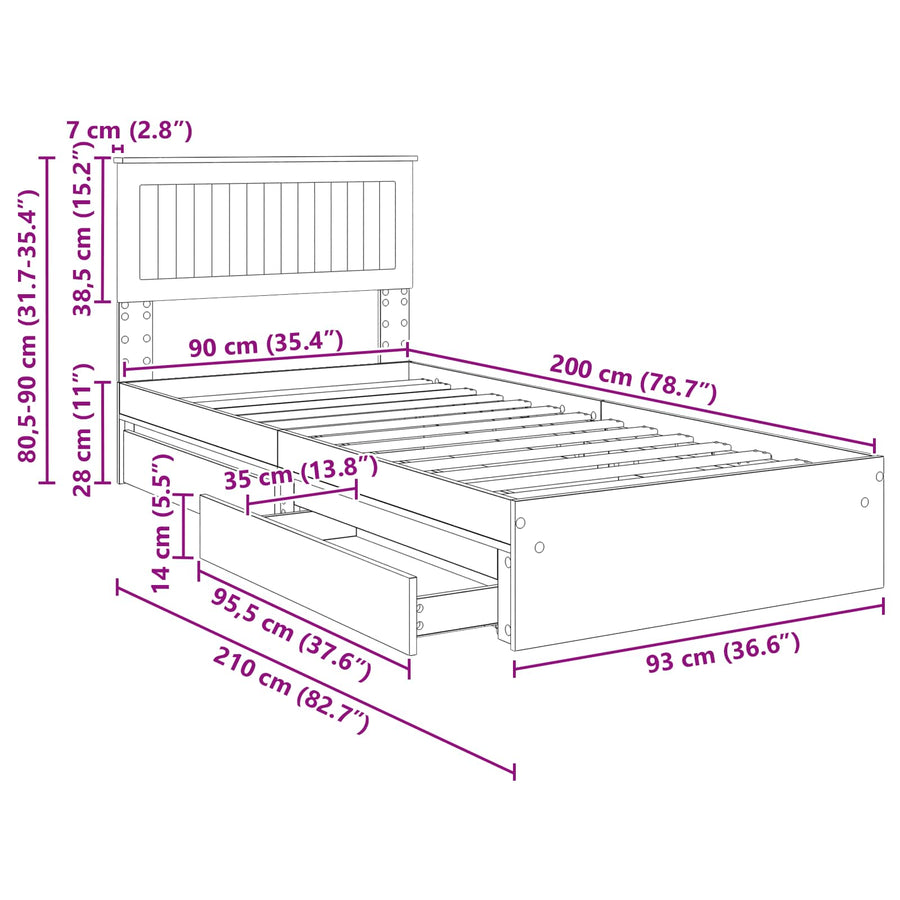 Bedframe met lade Sonoma Eiken 90 x 200 cm Bewerkt hout