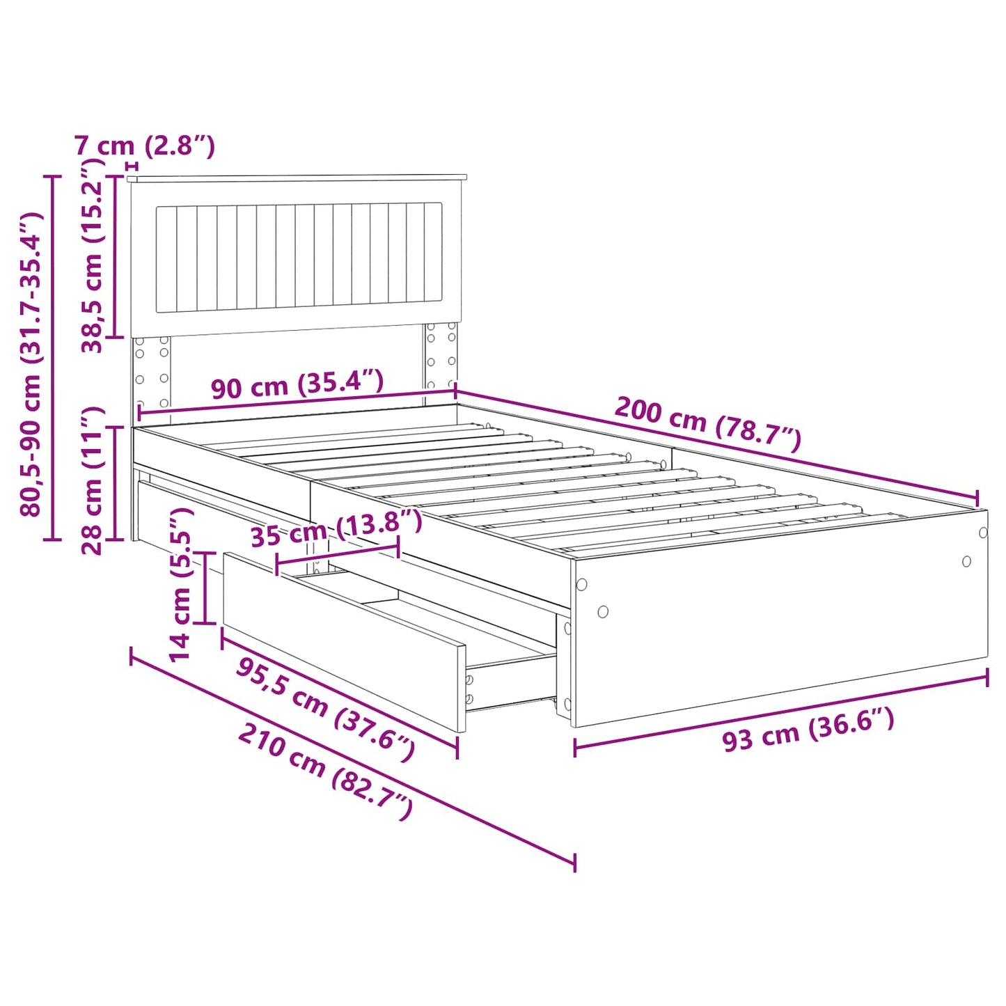 Bedframe met lade Gerookt eiken 90 x 200 cm Bewerkt hout