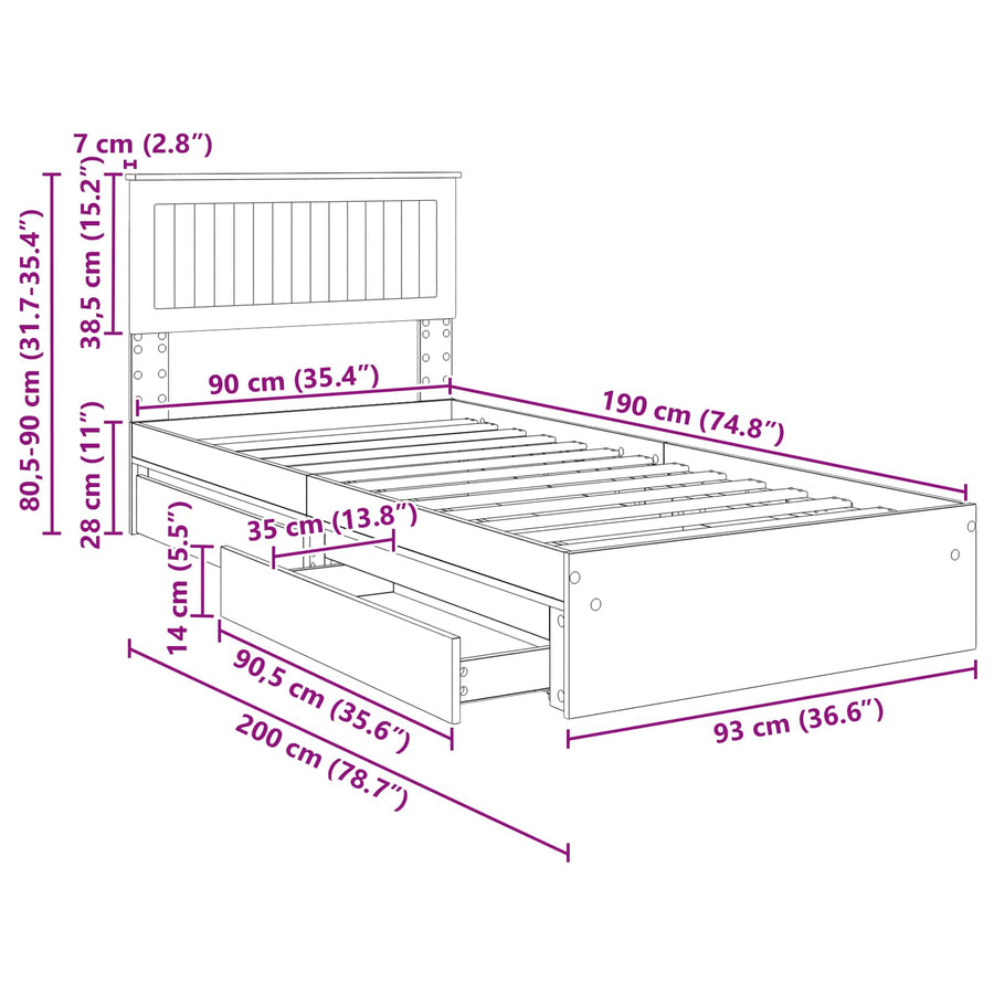 Bedframe met lade Sonoma Eiken 90 x 190 cm Bewerkt hout