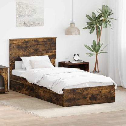 Bedframe met lade Gerookt eiken 90 x 190 cm Bewerkt hout