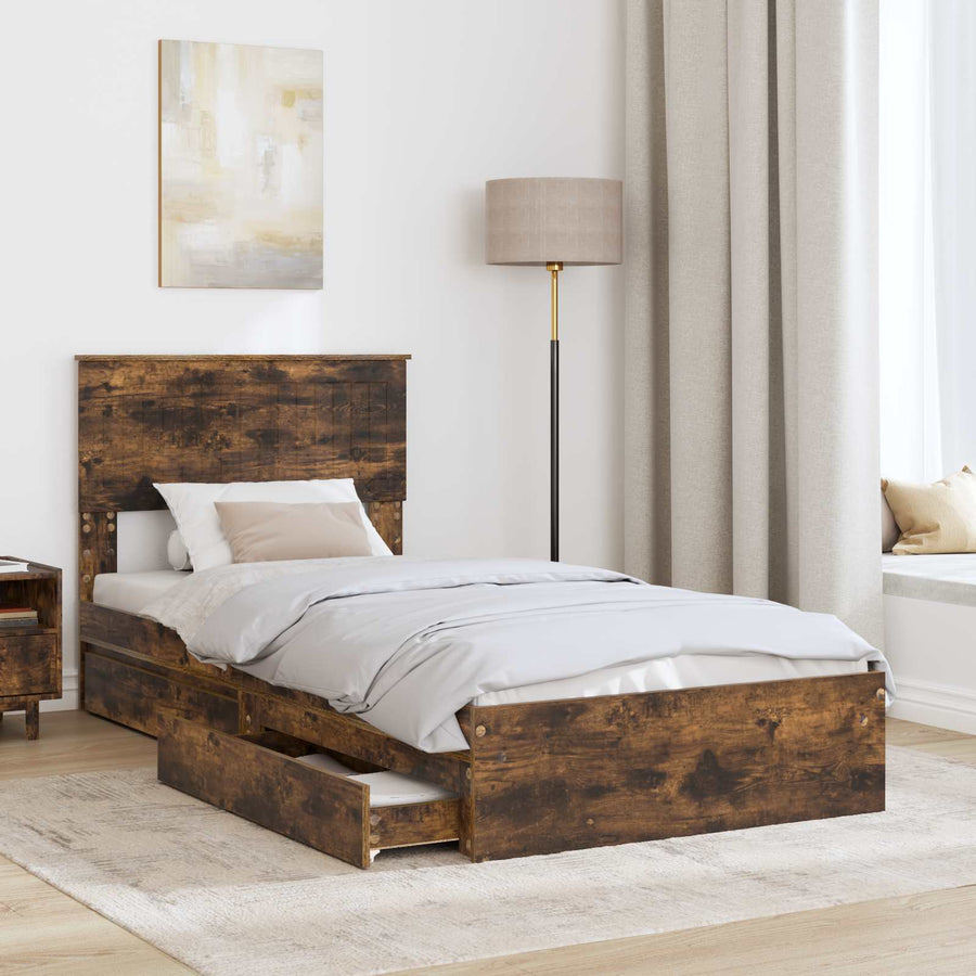 Bedframe met lade Gerookt eiken 90 x 190 cm Bewerkt hout