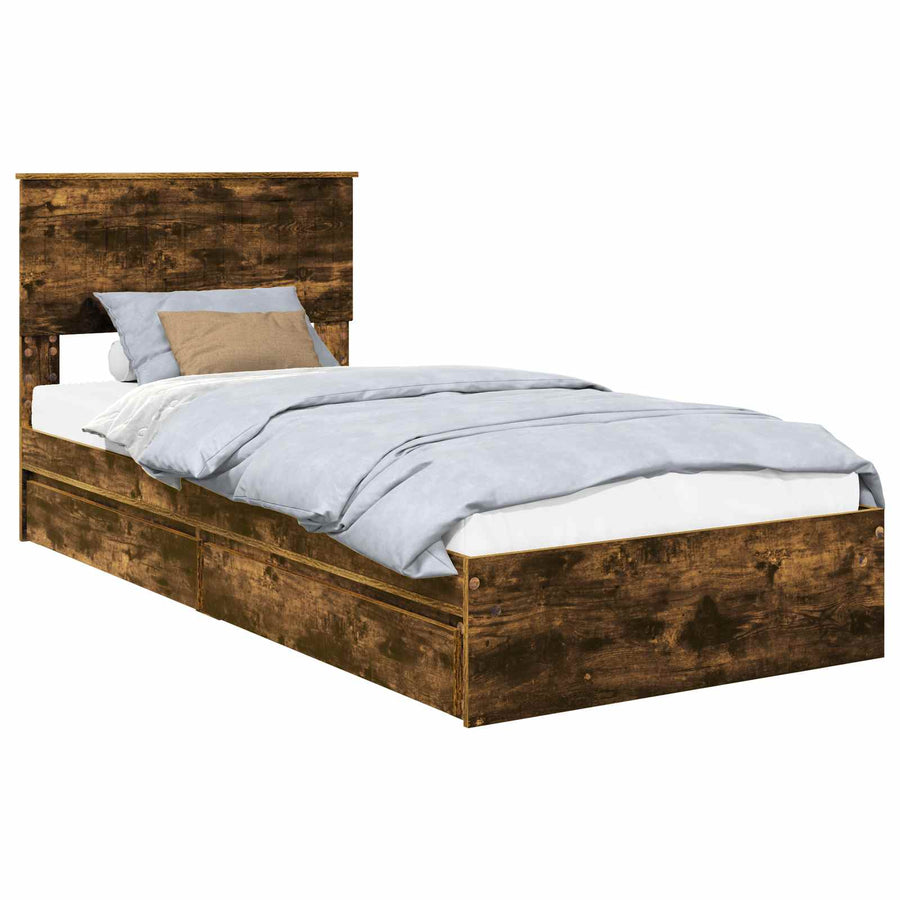 Bedframe met lade Gerookt eiken 90 x 190 cm Bewerkt hout