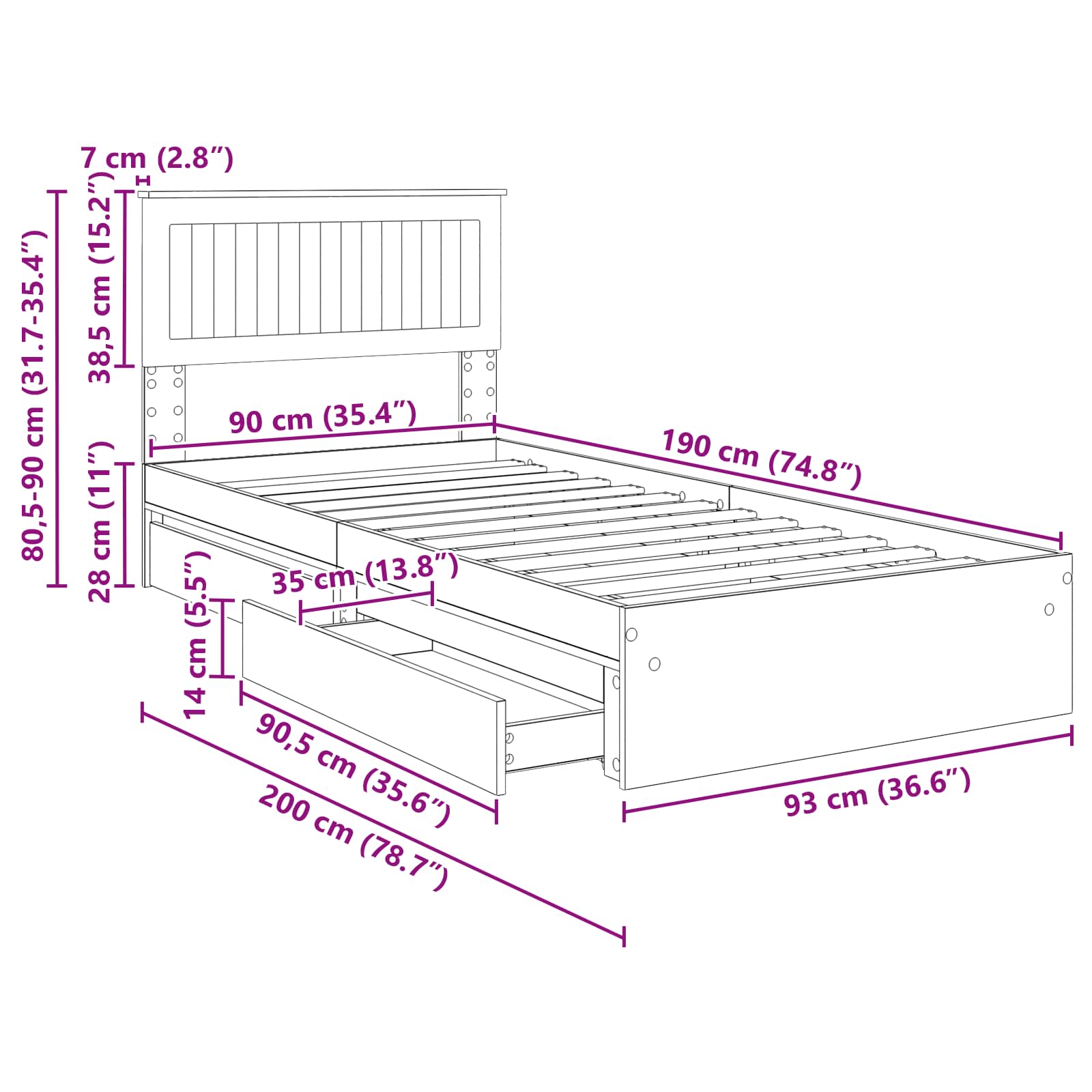 Bedframe met lade Gerookt eiken 90 x 190 cm Bewerkt hout