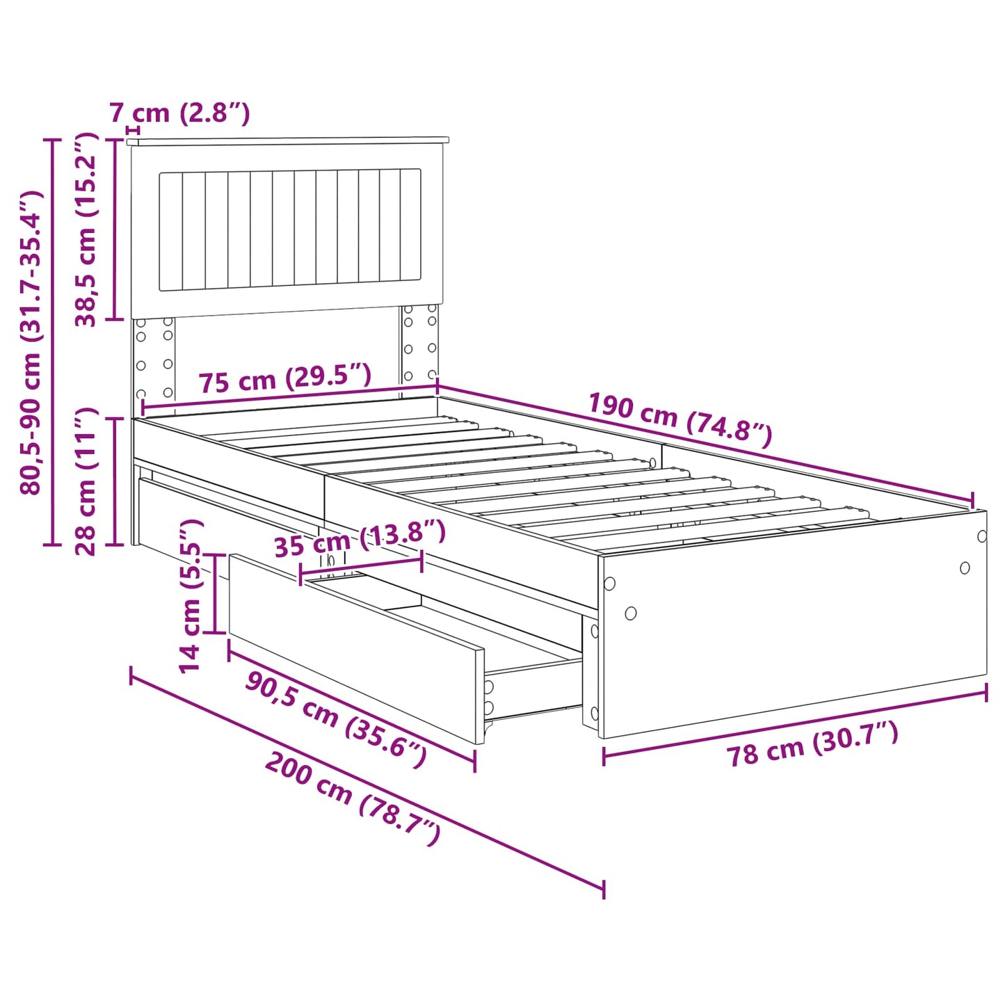 Bedframe met lade met hoofdeinde Wit 75 x 190 cm Bewerkt hout
