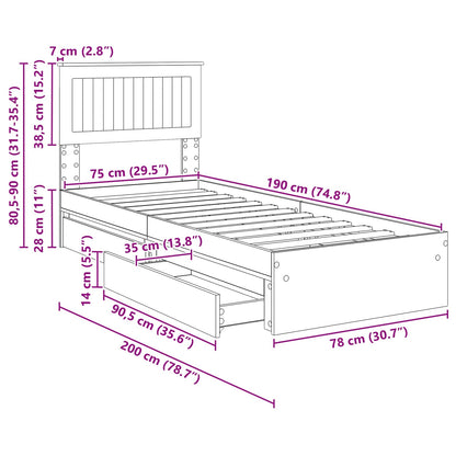 Bedframe met lade met hoofdeinde Wit 75 x 190 cm Bewerkt hout