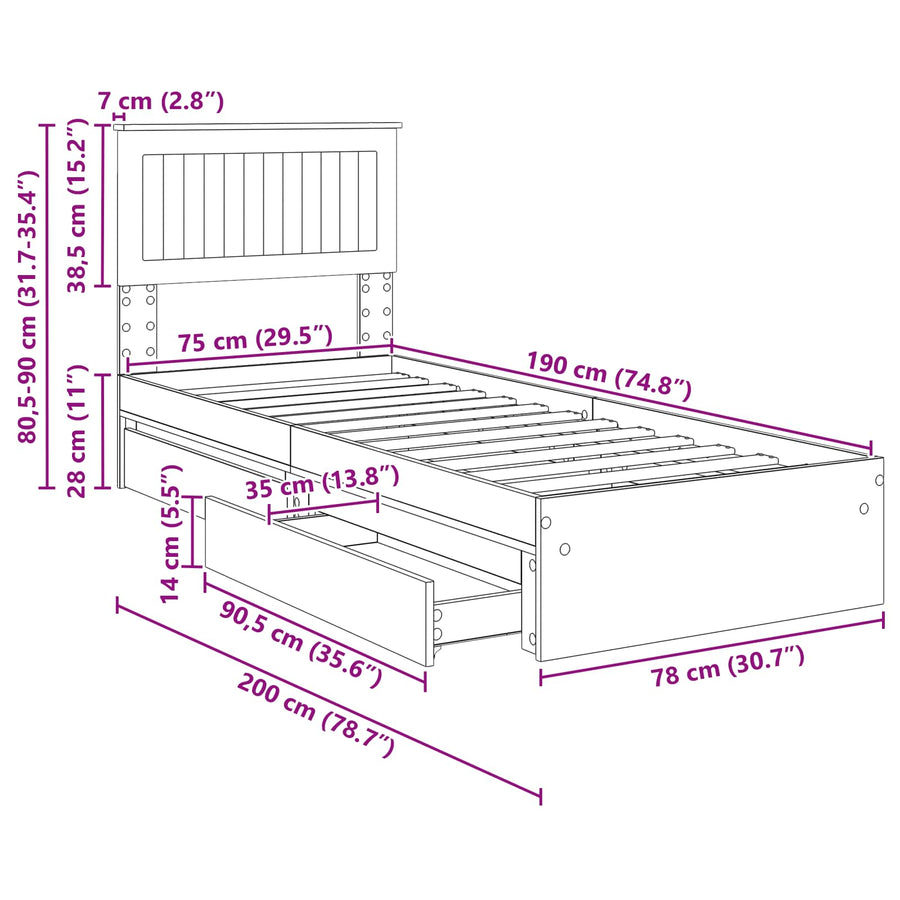 Bedframe met lade Sonoma Eiken 75 x 190 cm Bewerkt hout