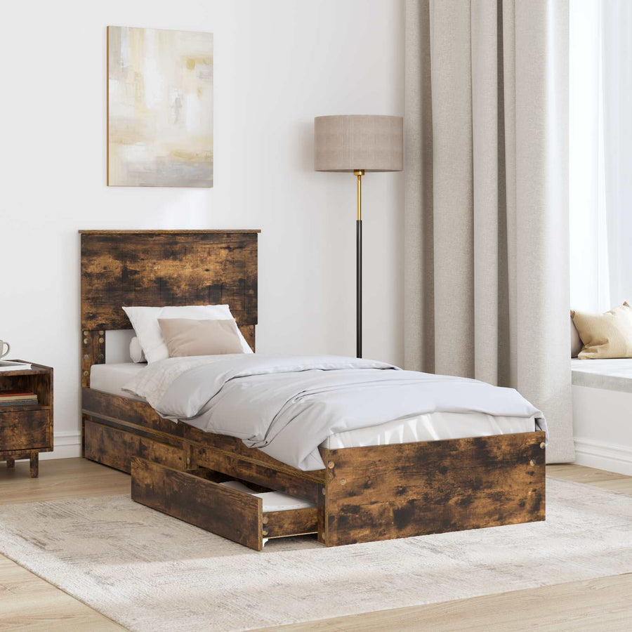Bedframe met lade Gerookt eiken 75 x 190 cm Bewerkt hout