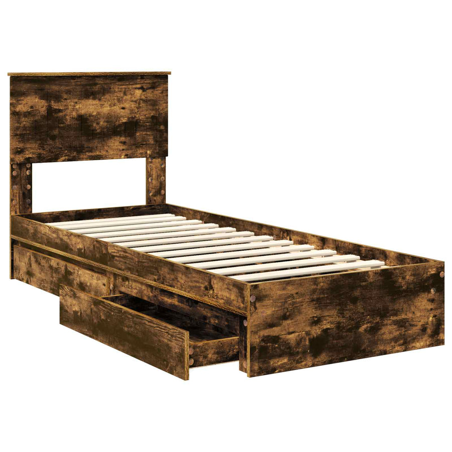 Bedframe met lade Gerookt eiken 75 x 190 cm Bewerkt hout