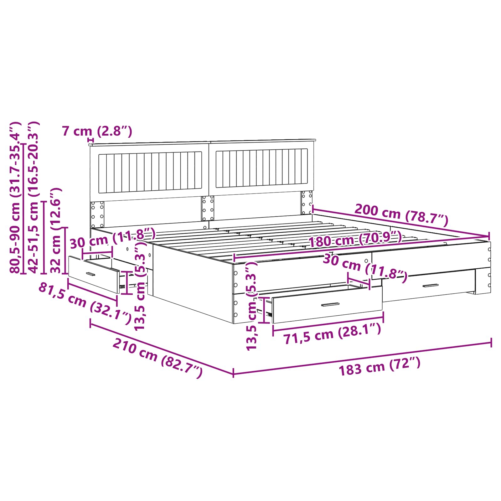 Bedframe met hoofdeinde met lade Wit 180 x 200 cm Bewerkt hout