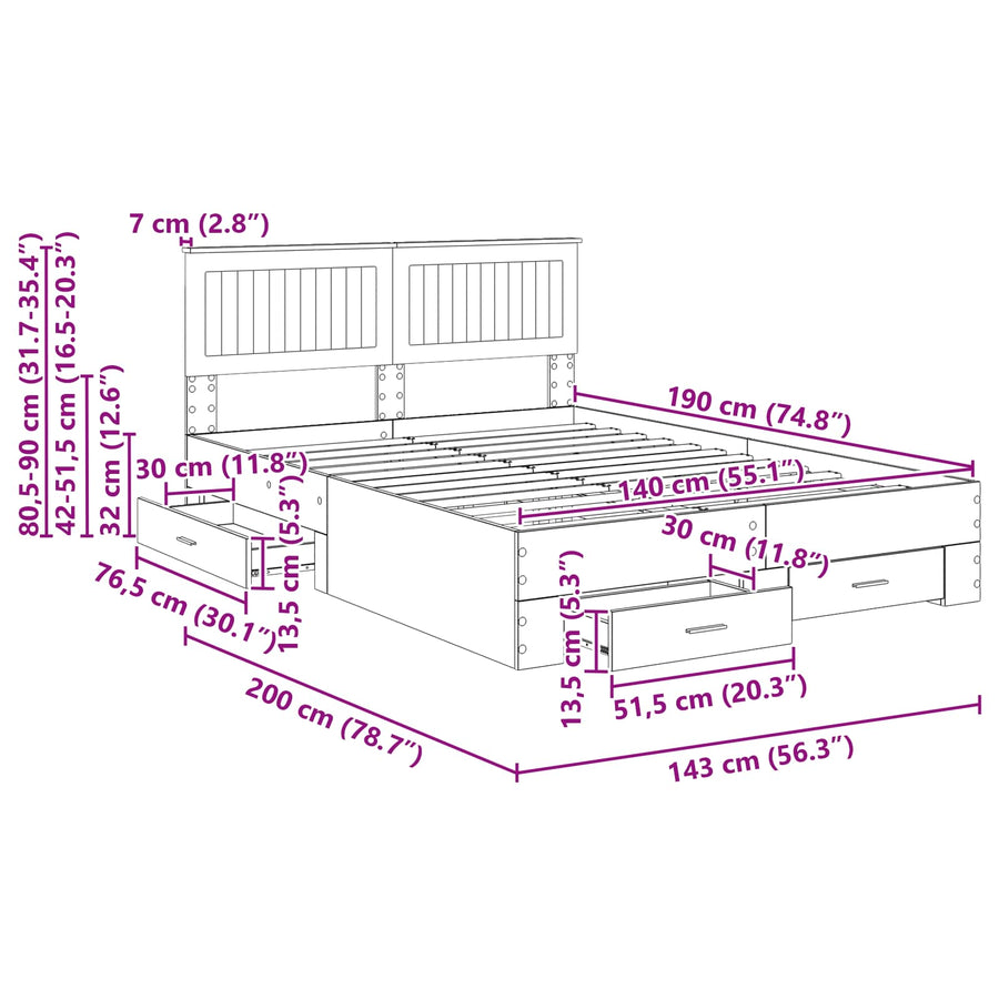Bedframe met hoofdeinde met lade Wit 140 x 190 cm Bewerkt hout