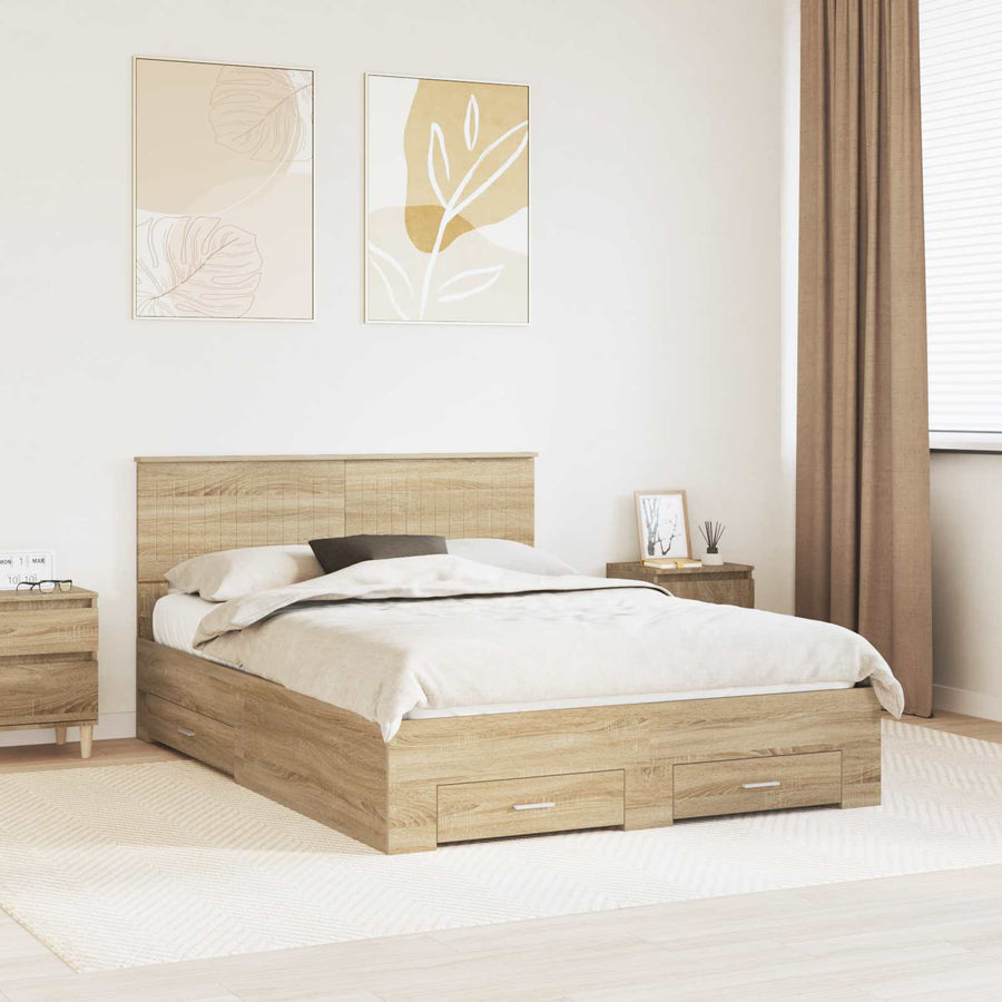 Bedframe met hoofdeinde Sonoma Eiken 135 x 190 cm Bewerkt hout