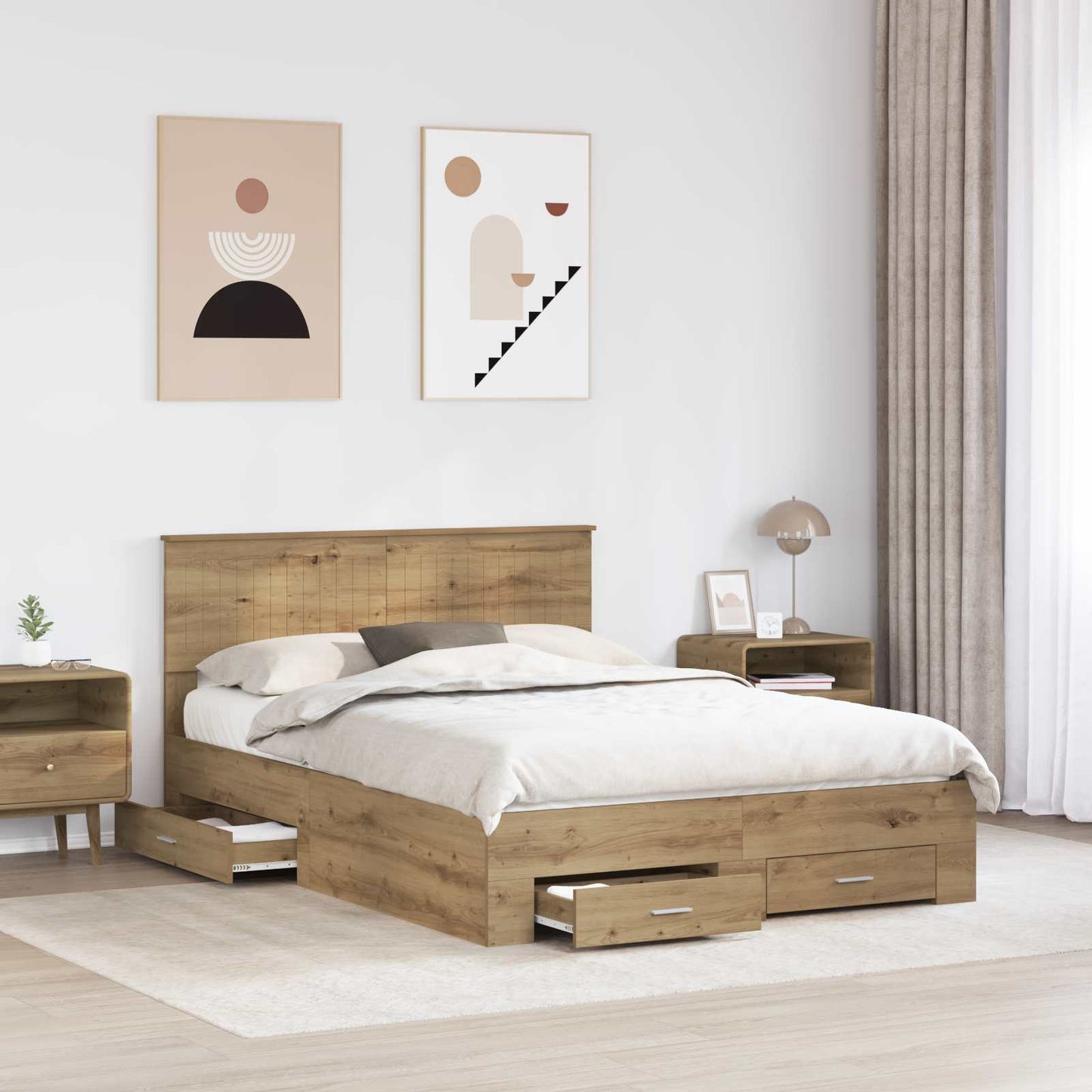 Bedframe met hoofdeinde Artisan Eiken 135 x 190 cm Bewerkt hout