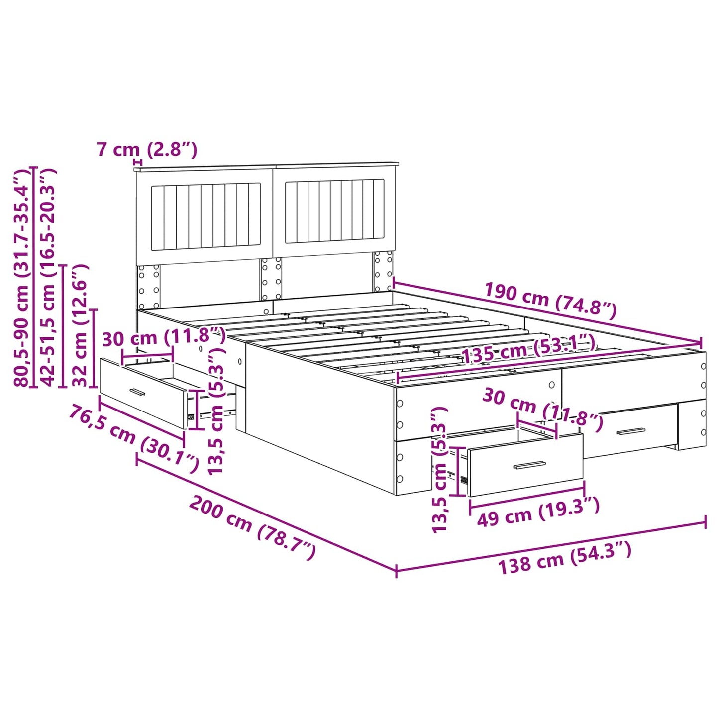 Bedframe met hoofdeinde Artisan Eiken 135 x 190 cm Bewerkt hout