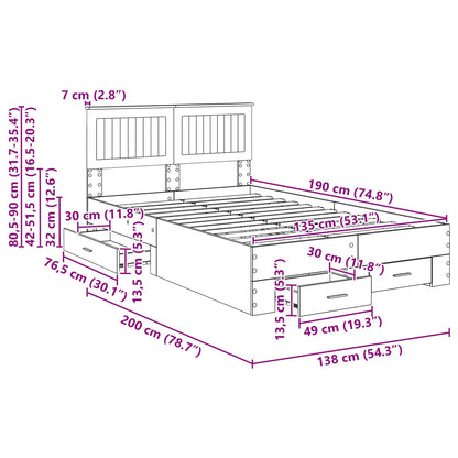 Bedframe met hoofdeinde Artisan Eiken 135 x 190 cm Bewerkt hout
