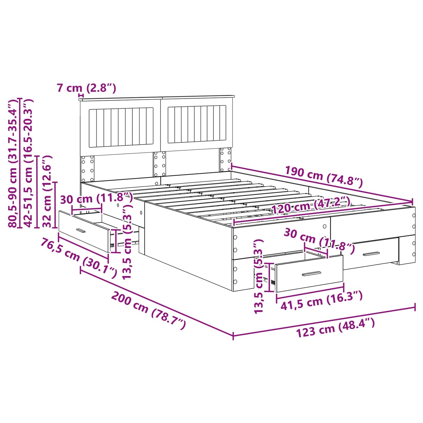 Bedframe met lade met hoofdeinde met opslag Bewerkt hout