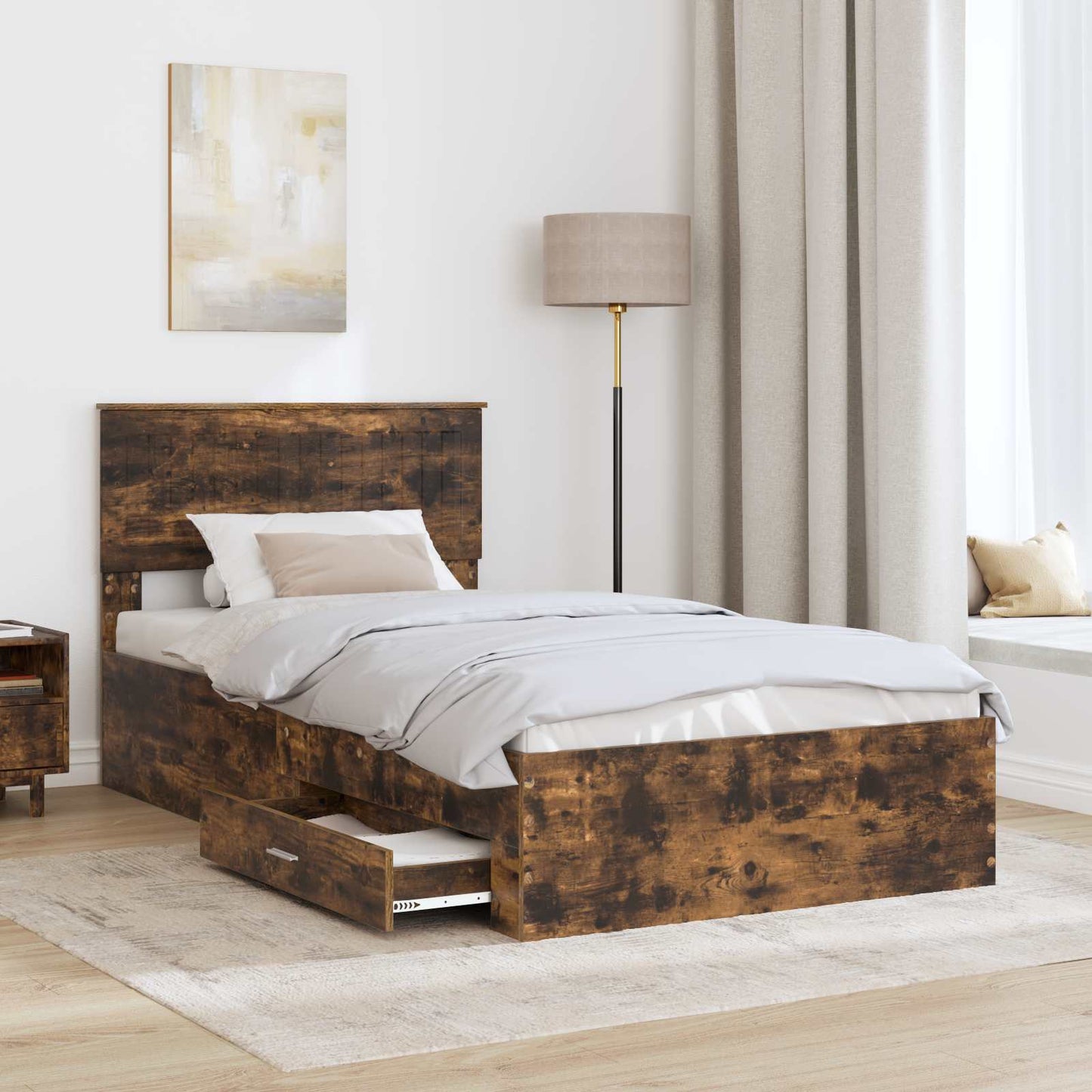 Bedframe met hoofdeinde Gerookt eiken 100 x 200 cm Bewerkt hout