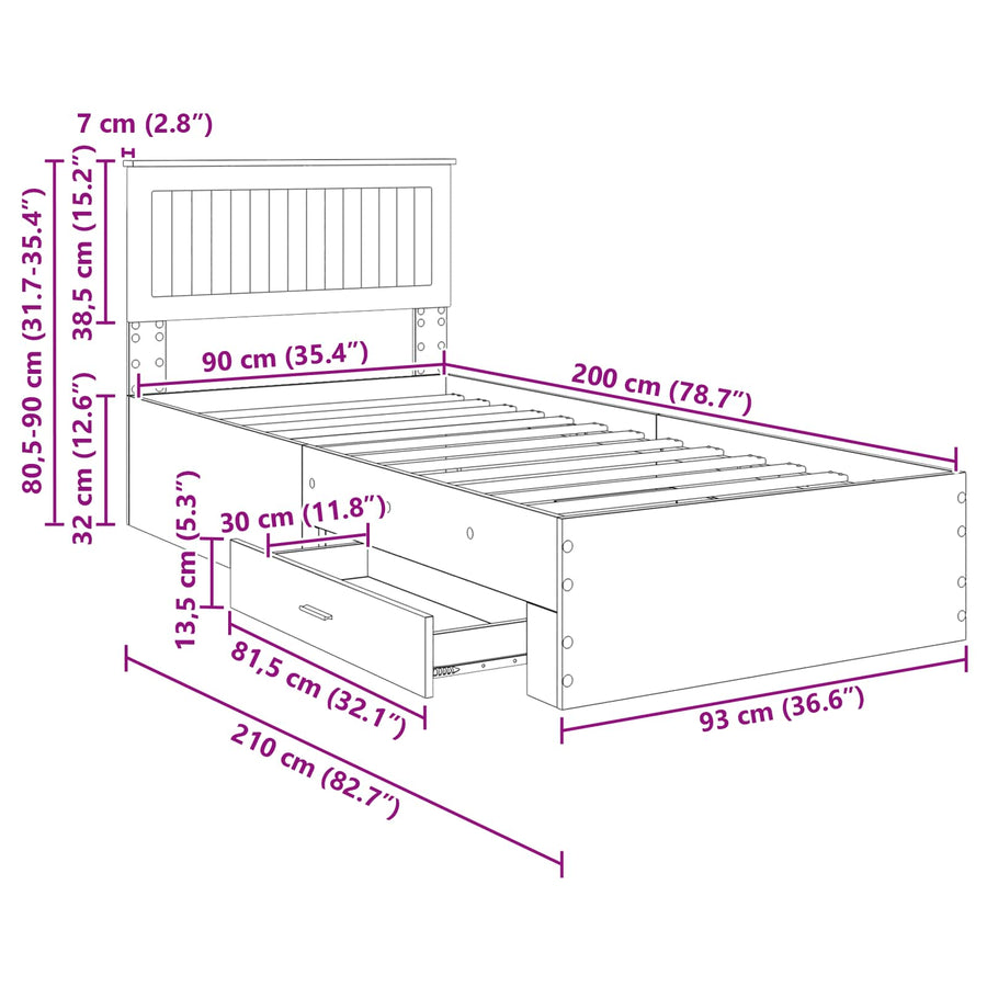 Bedframe met hoofdeinde Sonoma Eiken 90 x 200 cm Bewerkt hout