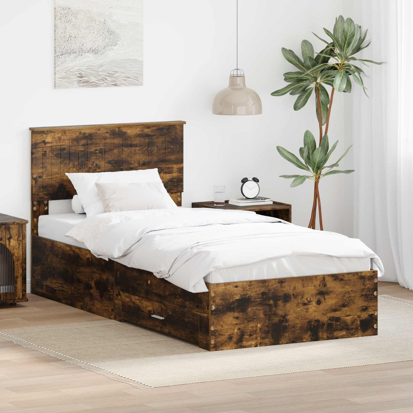 Bedframe met hoofdeinde Gerookt eiken 90 x 200 cm Bewerkt hout