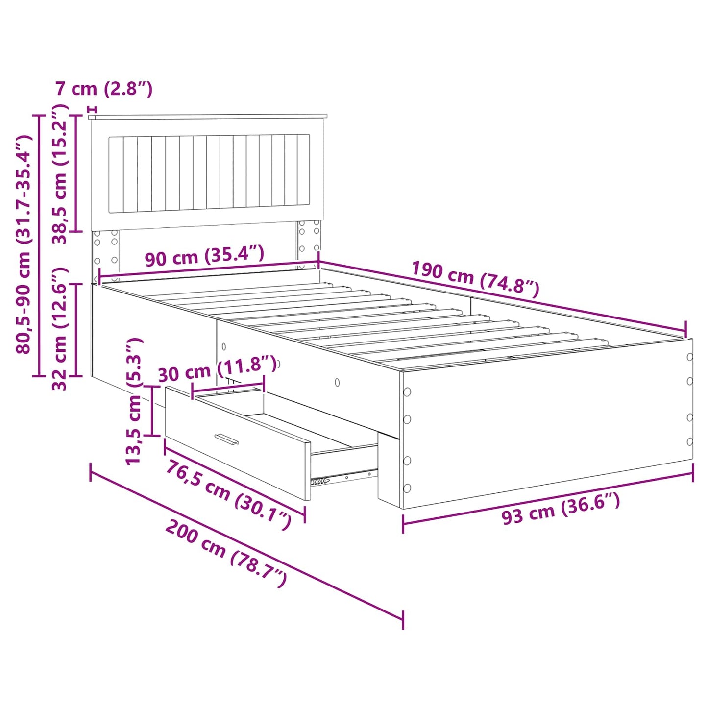 Bedframe met hoofdeinde Beton Grijs 90 x 190 cm Bewerkt hout