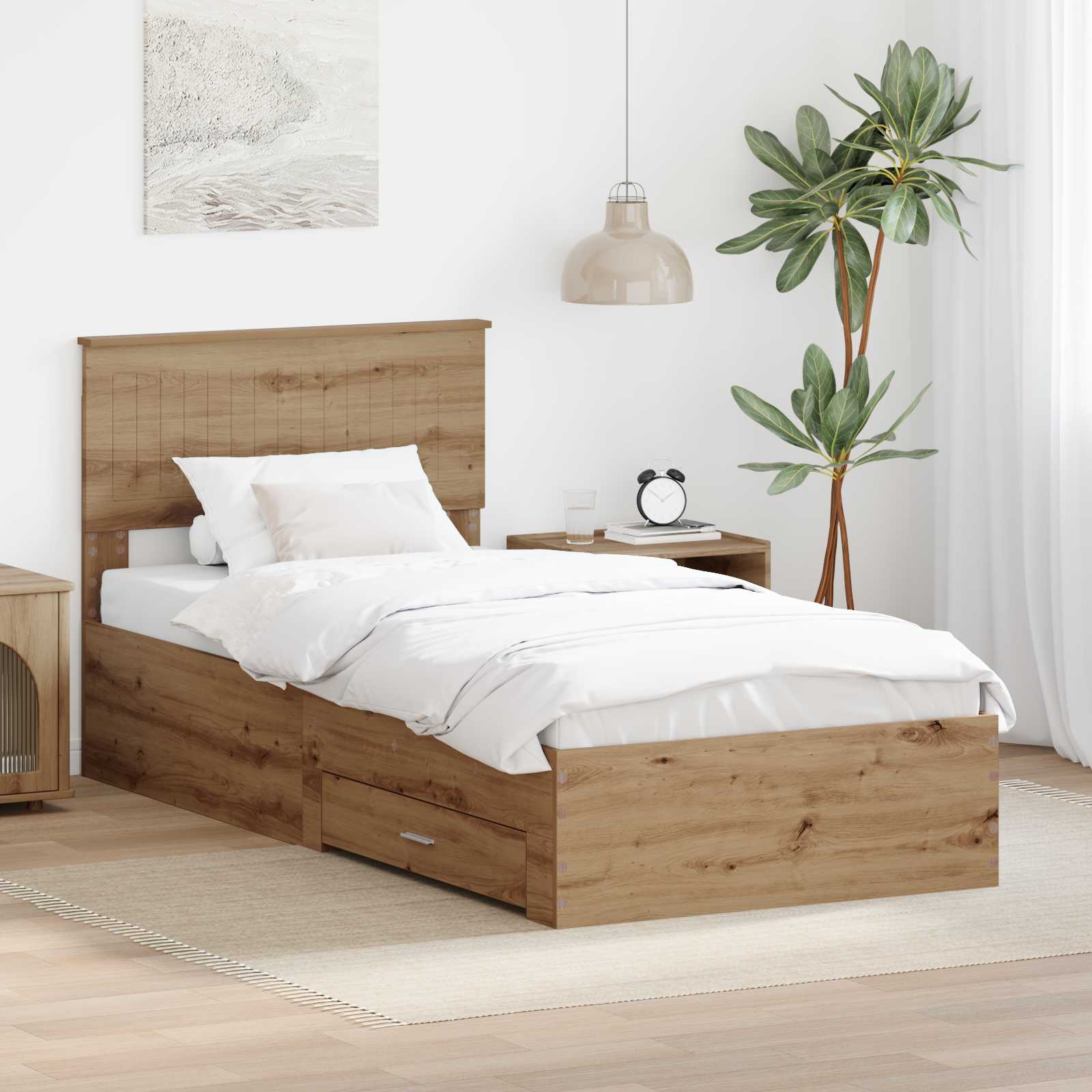 Bedframe met hoofdeinde Artisan Eiken 90 x 190 cm Bewerkt hout