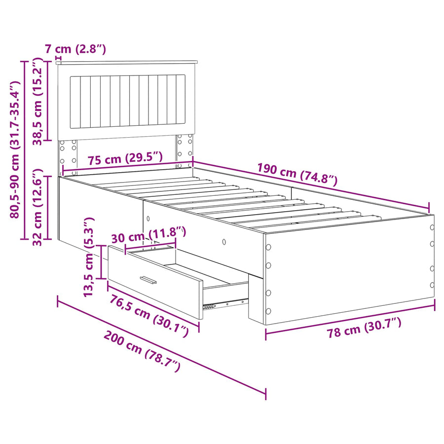 Bedframe Sonoma Eiken en Zilver 75 x 190 cm Bewerkt hout