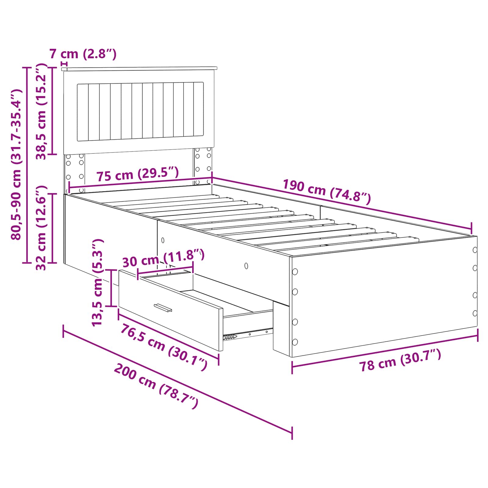 Bedframe Gerookt Eiken en Zilver 75 x 190 cm Bewerkt hout