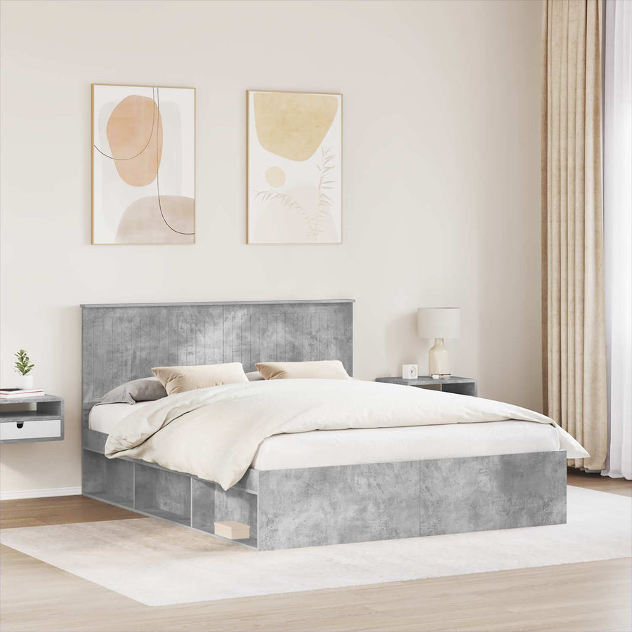 Bedframe met hoofdeinde Beton 160 x 200 cm Massief grenenhout