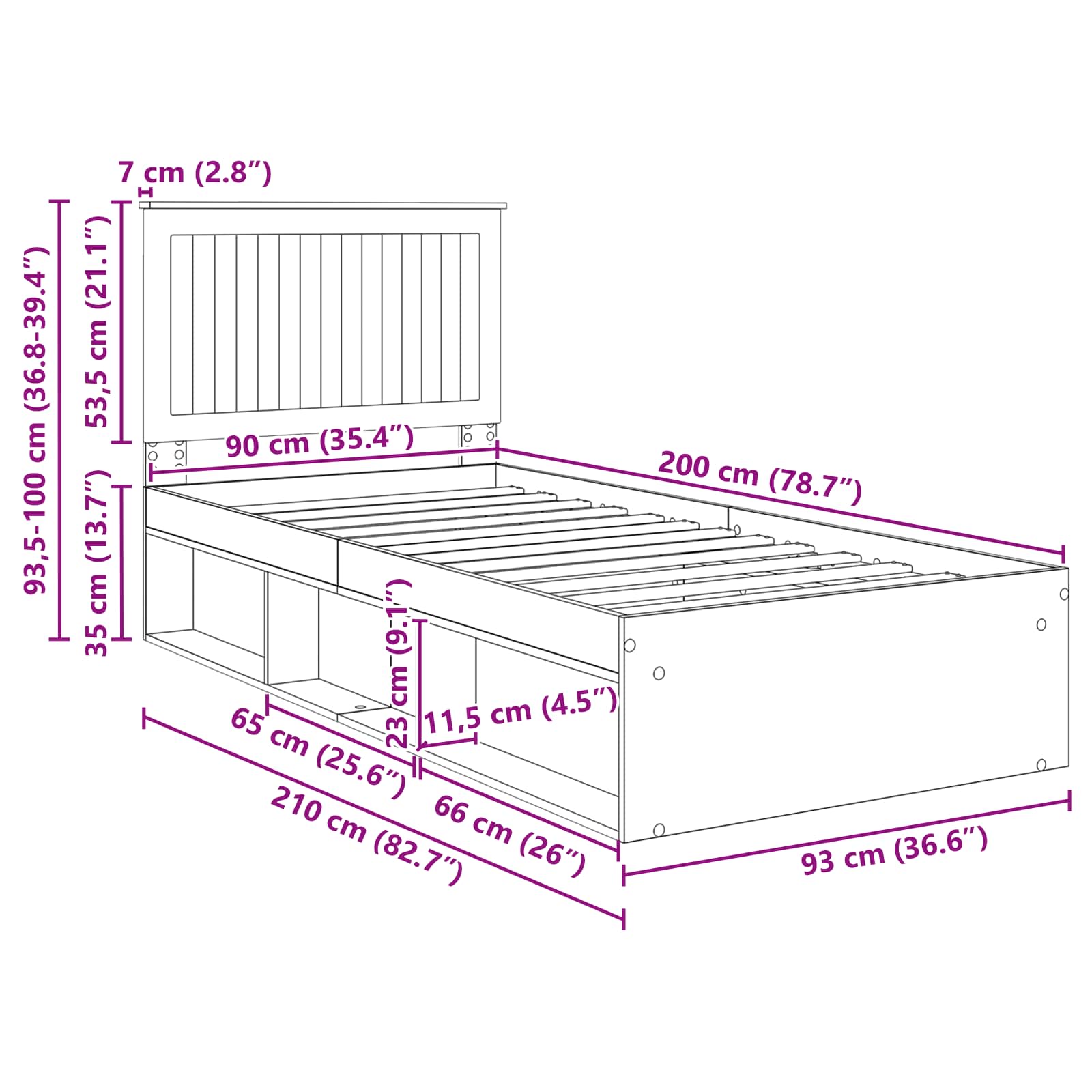 Bedframe Grijs Sonoma 90 x 190 cm Massief grenenhout