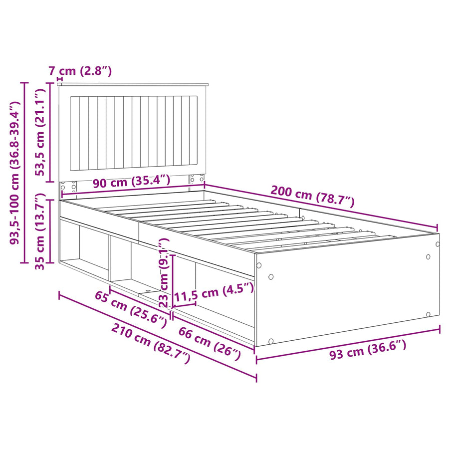 Bedframe Grijs Sonoma 90 x 190 cm Massief grenenhout