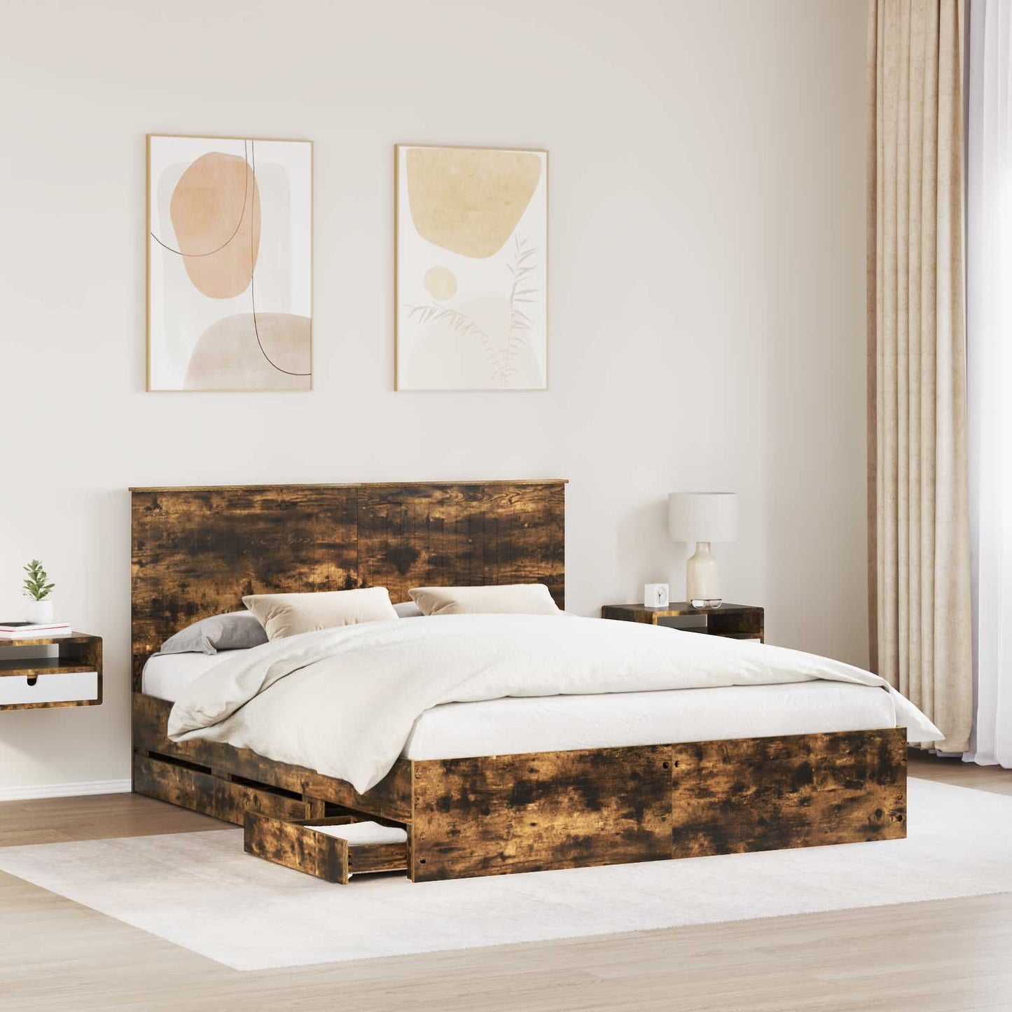 Bedframe Met Lade Ingenieurshout 160 x 200 cm Gerookt eiken