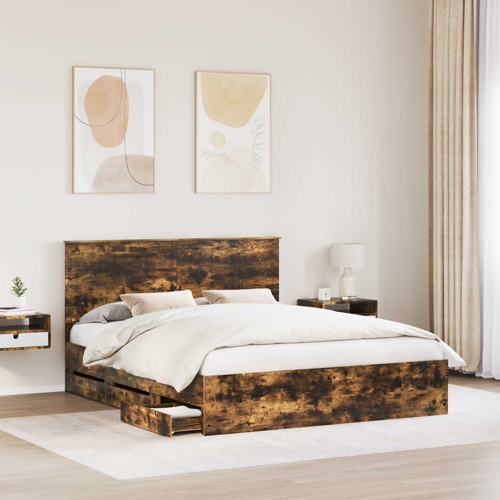 Bedframe Met Lade Ingenieurshout 160 x 200 cm Gerookt eiken