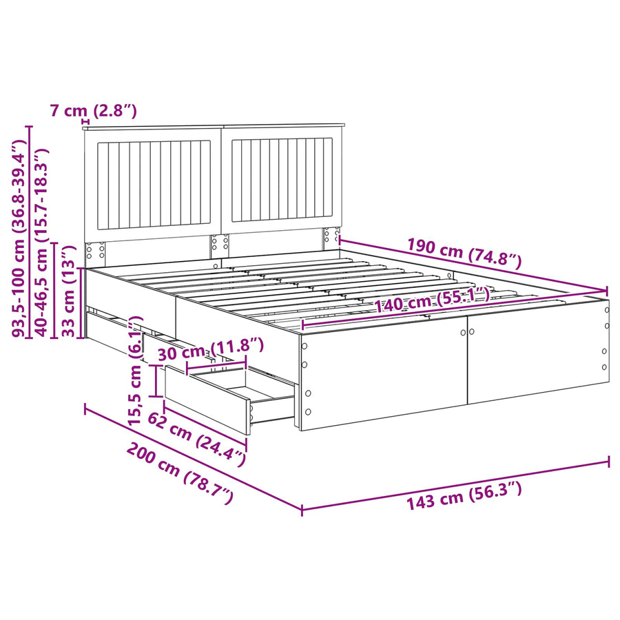 Bedframe Met Lade Met Opslag 140 X 200 Cm Ingenieurshout 140 x 190 cm Zwart