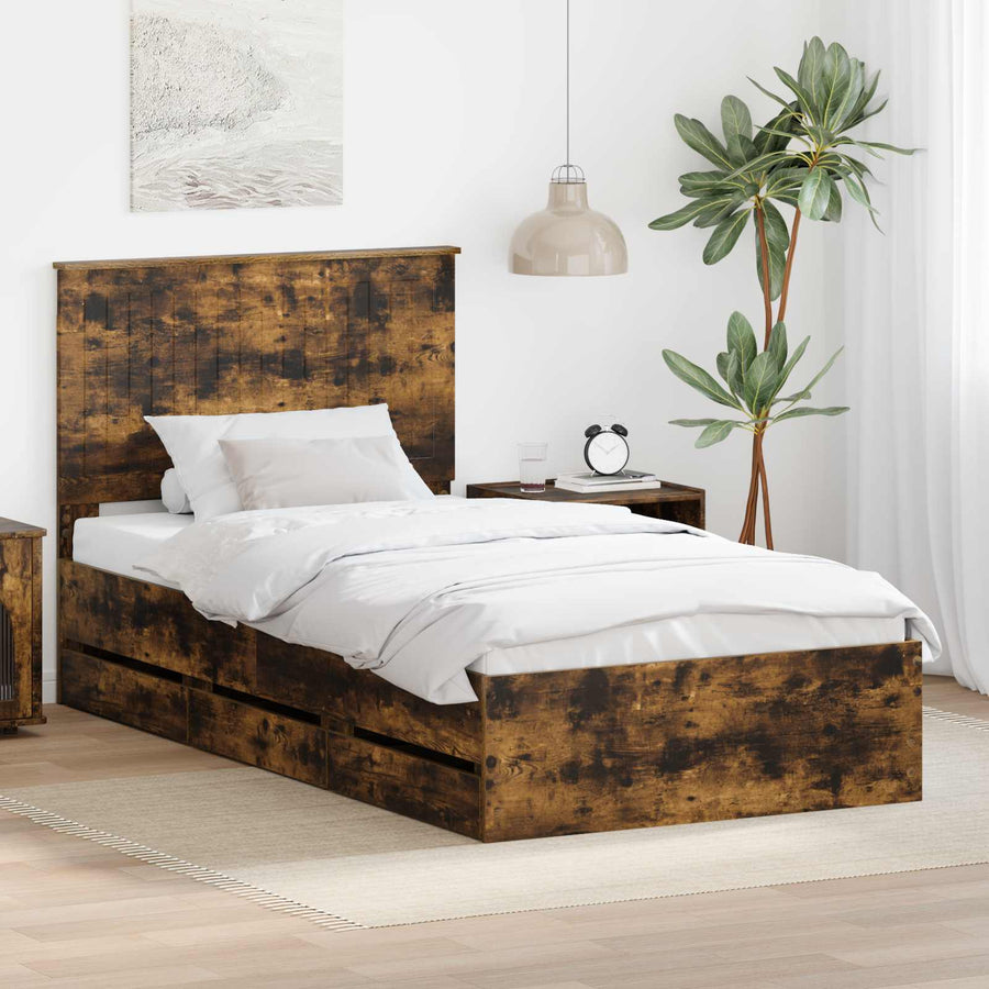 Bedframe Met Lade Ingenieurshout 100 x 200 cm Gerookt eiken