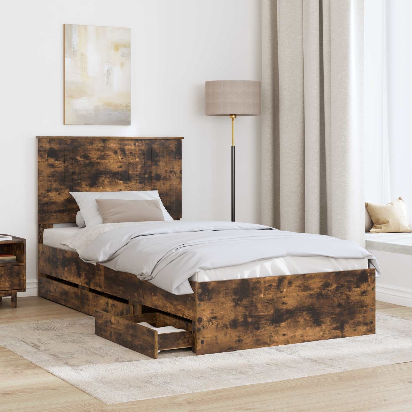 Bedframe Met Lade Ingenieurshout 100 x 200 cm Gerookt eiken