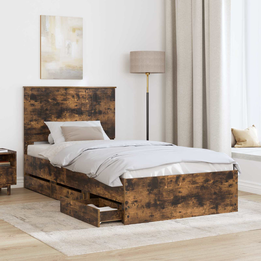 Bedframe Met Lade Ingenieurshout 100 x 200 cm Gerookt eiken