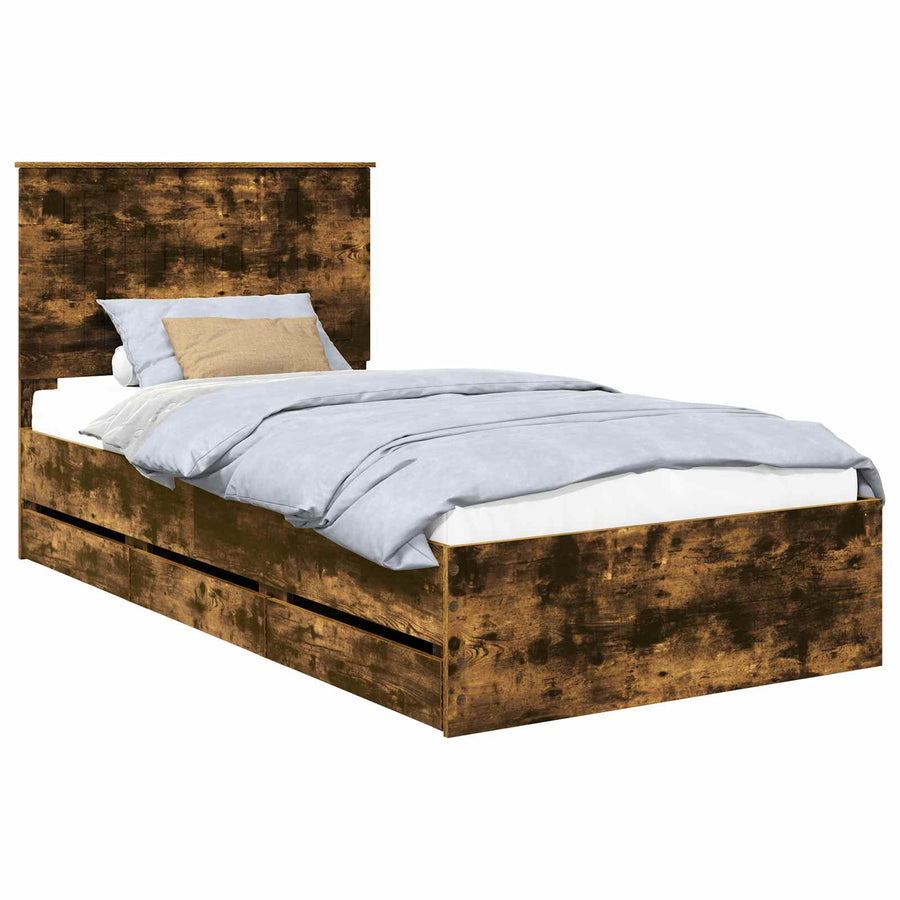 Bedframe Met Lade Ingenieurshout 100 x 200 cm Gerookt eiken