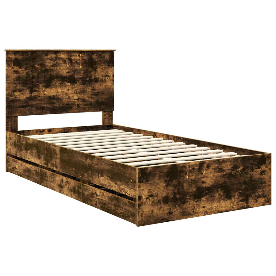 Bedframe Met Lade Ingenieurshout 100 x 200 cm Gerookt eiken
