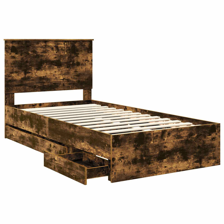 Bedframe Met Lade Ingenieurshout 100 x 200 cm Gerookt eiken