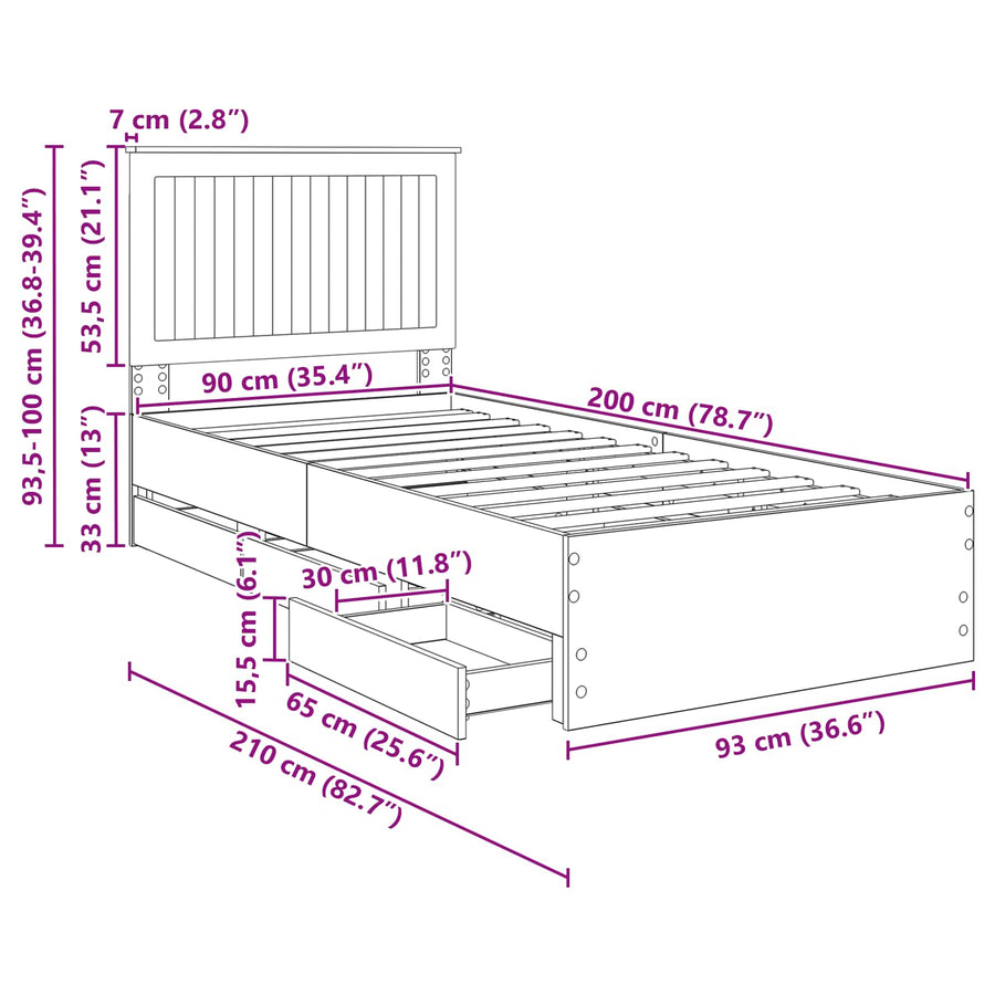 Bedframe Met Lade Met Opslag 90 X 190 Cm Ingenieurshout 90 x 200 cm Zwart