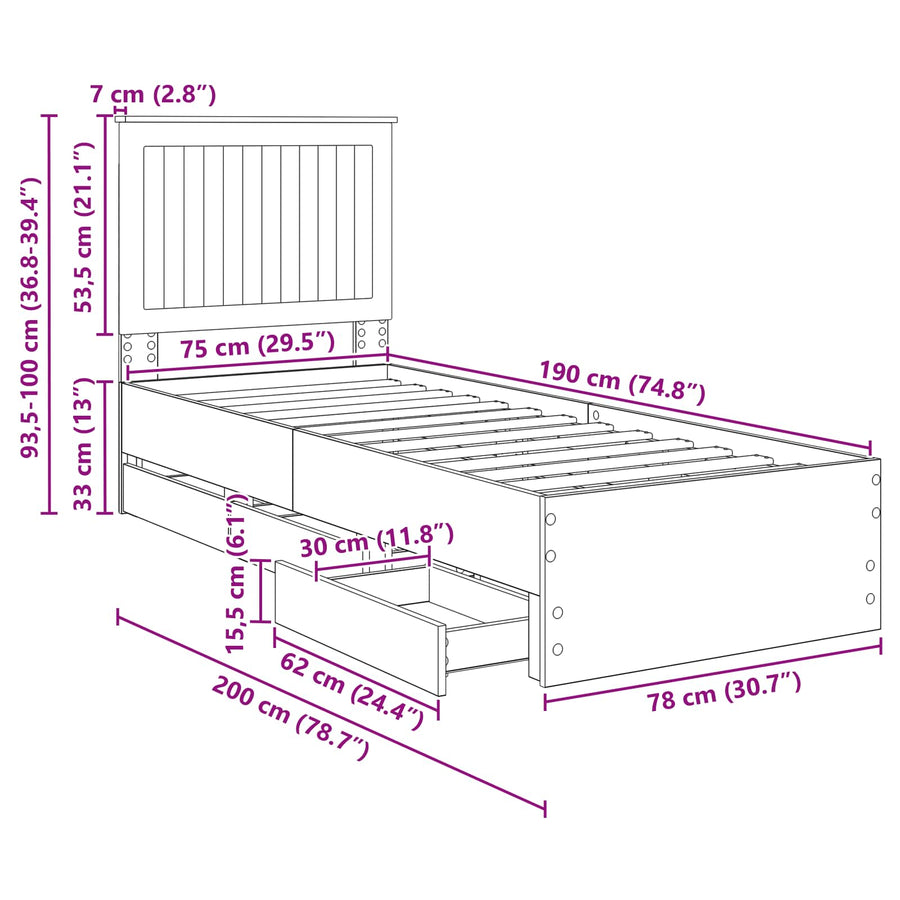 Bedframe Met Lade Beton Grijs Ingenieurshout 75 x 190 cm Betongrijs