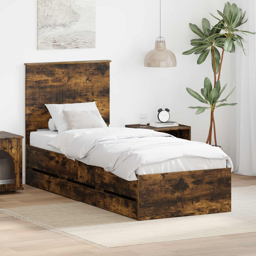 Bedframe Met Lade Ingenieurshout 75 x 190 cm Gerookt eiken