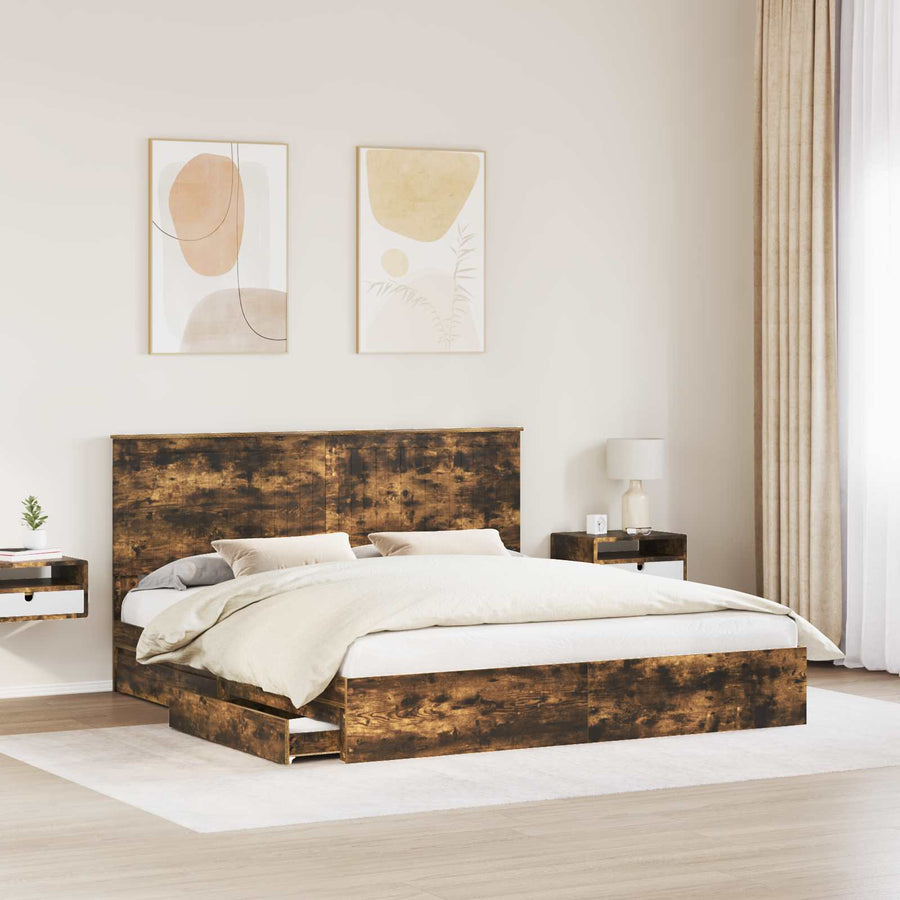 Opslag bed met lade Gerookt eiken 180 x 200 cm Bewerkt hout