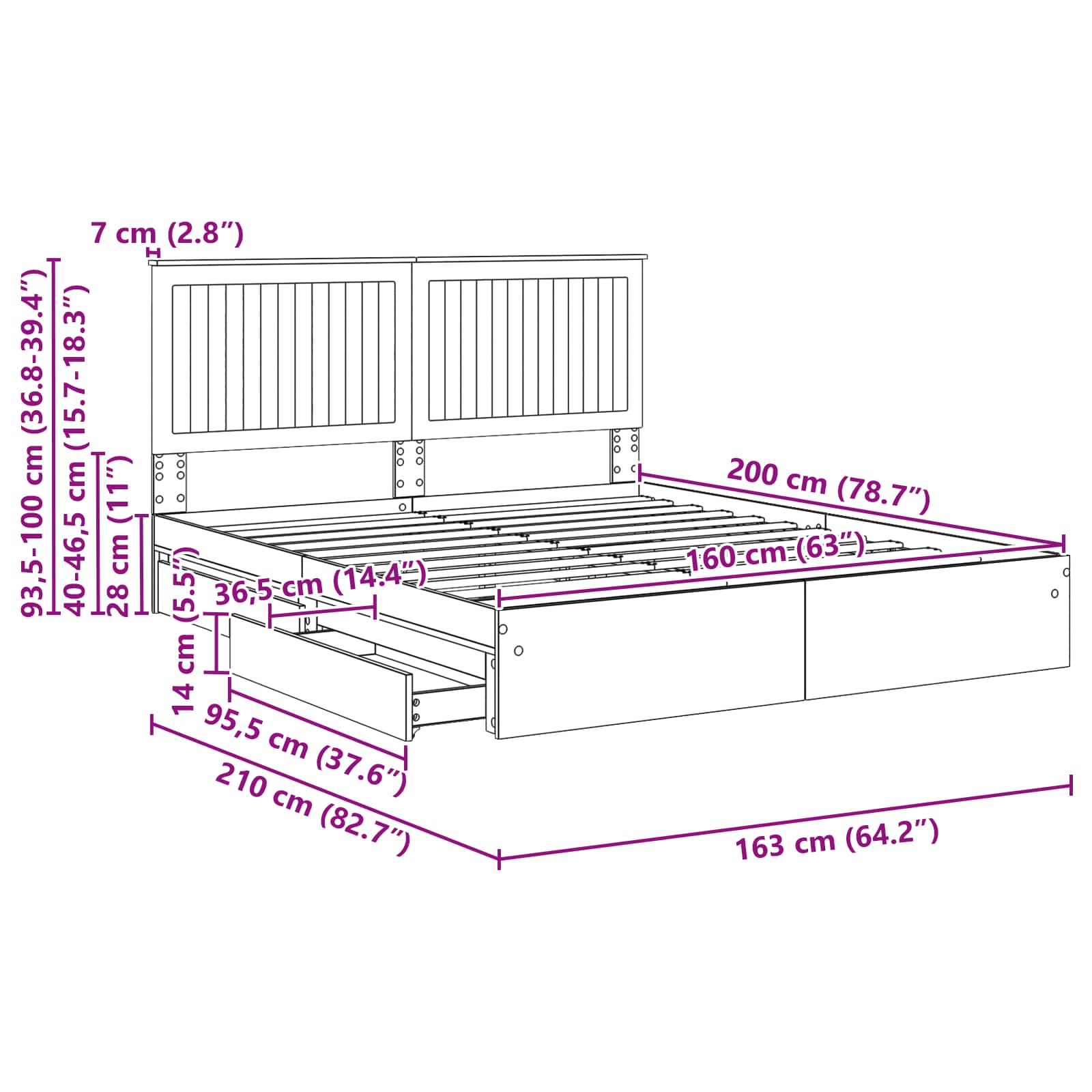 Opslag bed met hoofdeinde Wit 160 x 200 cm Bewerkt hout