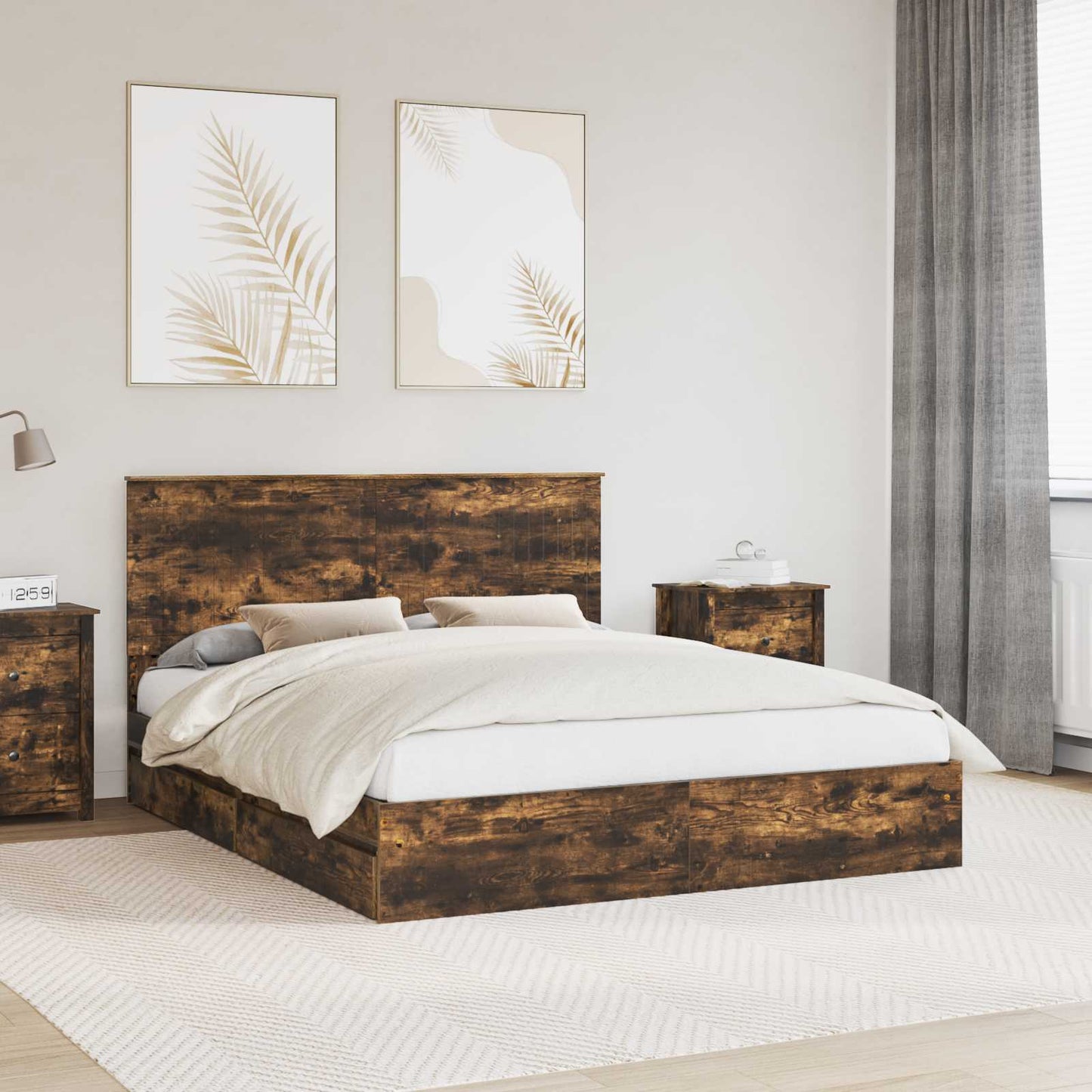 Opslag bed met lade Gerookt eiken 160 x 200 cm Bewerkt hout