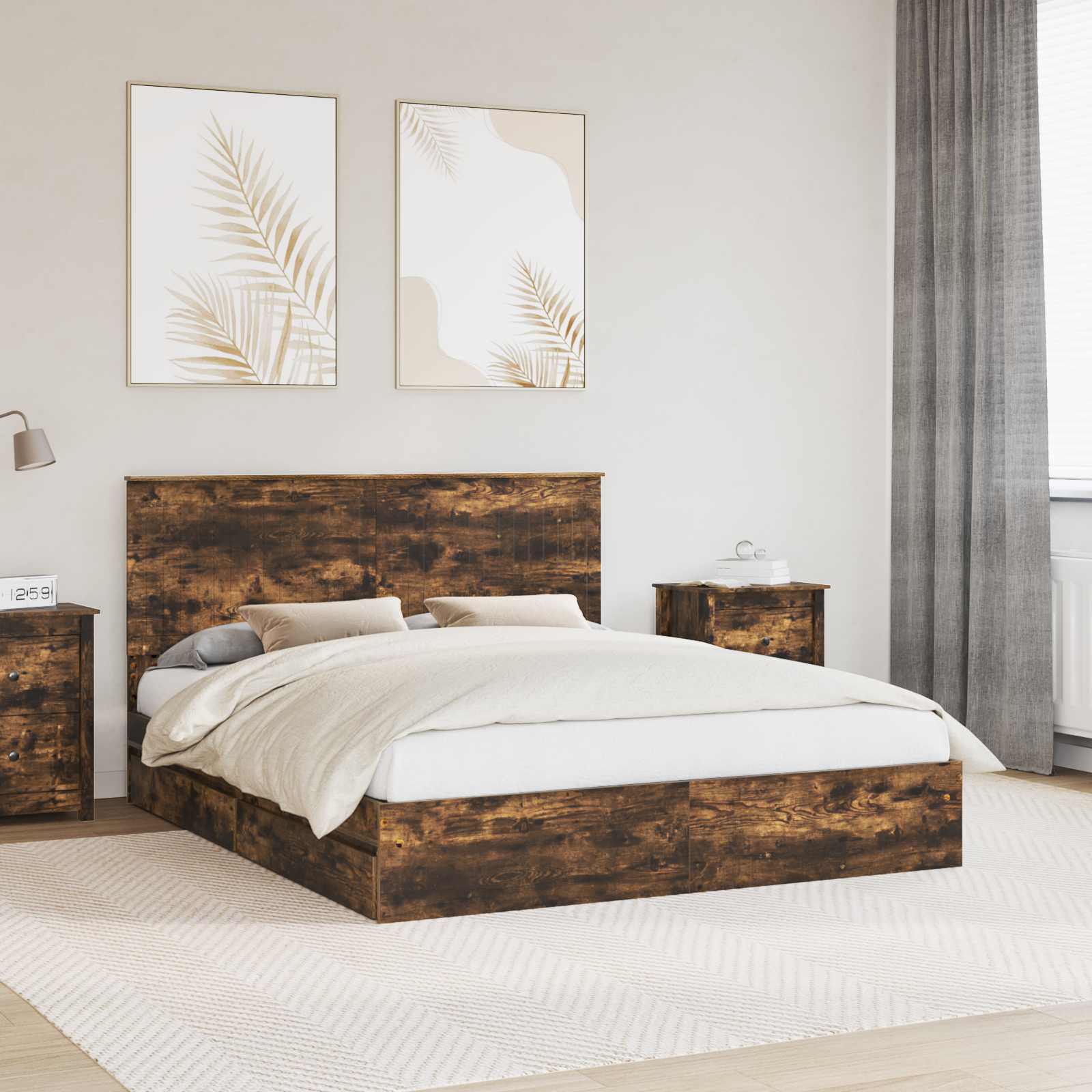Opslag bed met lade Gerookt eiken 160 x 200 cm Bewerkt hout